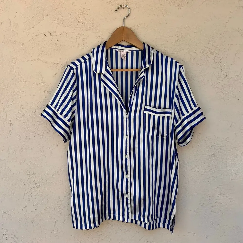 Victoria’s Secret Blue White Striped Satin Pajama Set Medium